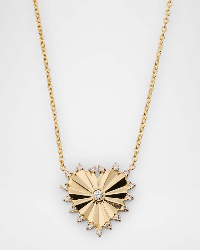Diamond Framed Small Pleated Heart Pendant Necklace
